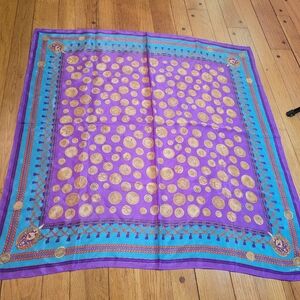 Elaine Gold Womens Square silk Scarf 31in x 31in Purple Blue Gold Coins Money